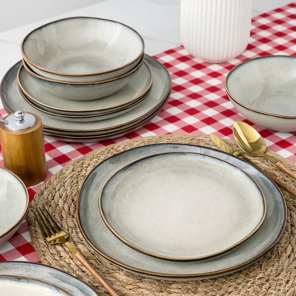AmorArc Ceramic Dinnerware Sets,Handmade Reactive Glaze Stoneware Plates and Bowls Sets,Highly Scratch Resistant | Dishwasher & Microwave Safe Dishes Set,Service for 6 (18pc)