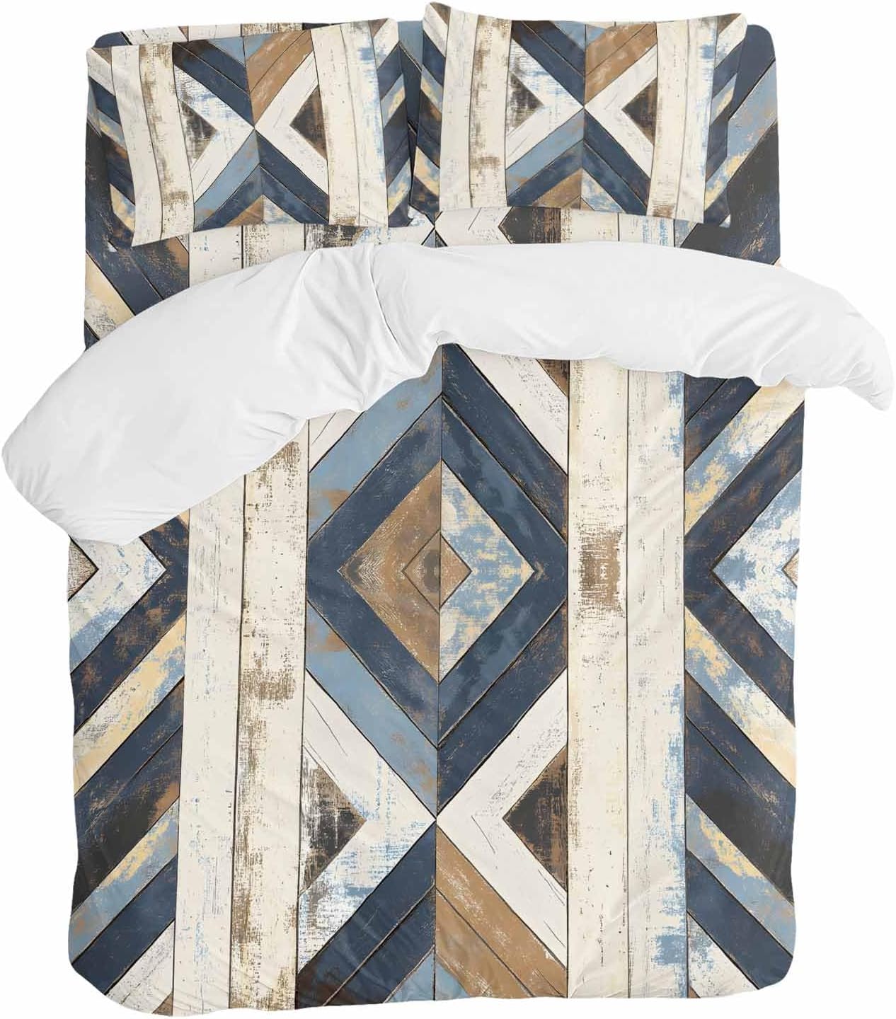 Vintage Duvet Cover Set Queen Size 4 Pieces Western Aztec Geometric Strip Wood Texture Farmhouse Bedding Set with Zipper Closure, 1 Comforter Cover 92x106 Inches 1 Flat Sheet & 2 Pillow Cases