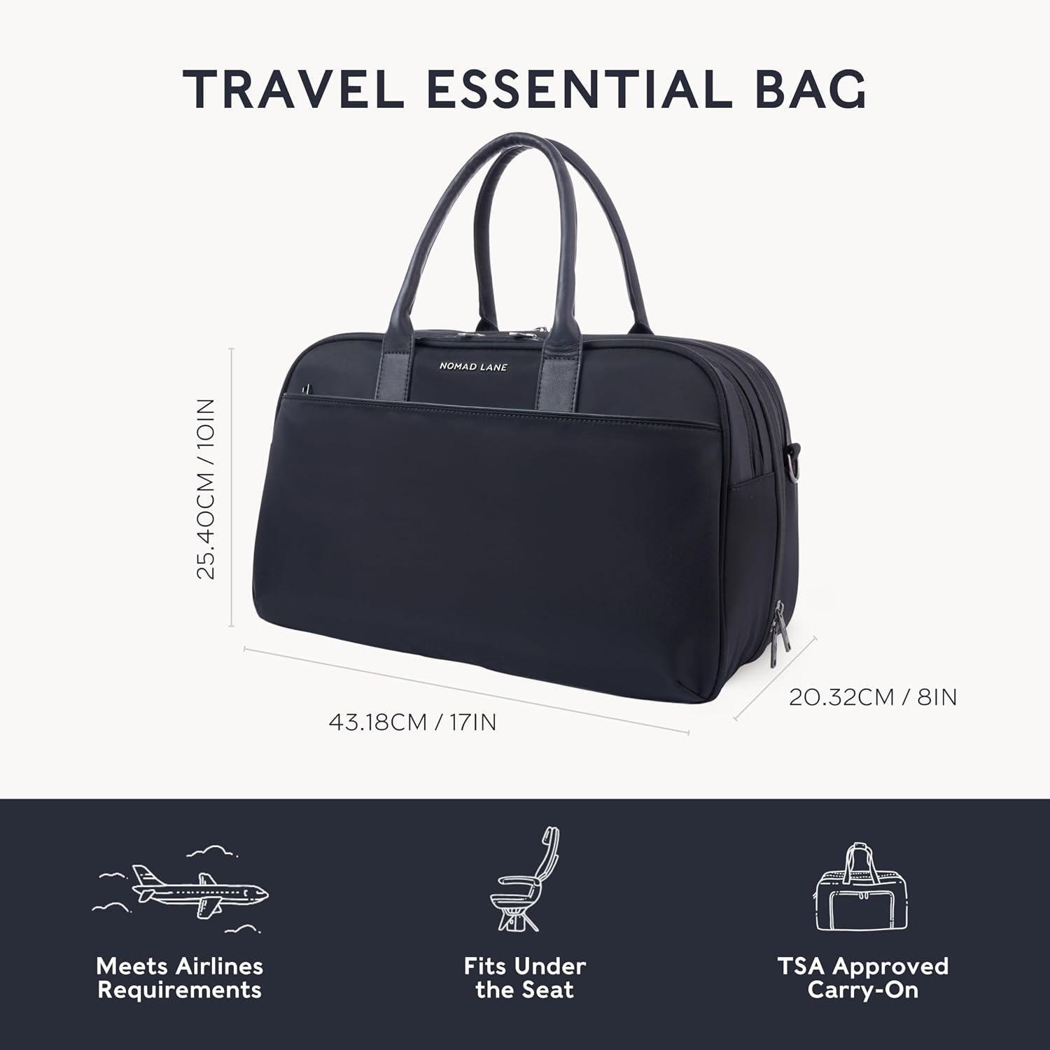 Nomad Lane Carry-On Luggage Duffel Bag, Durable & Lightweight Suitcase. Bento Bag, Personal Item Weekender Travel Bag for Men & Women, Black