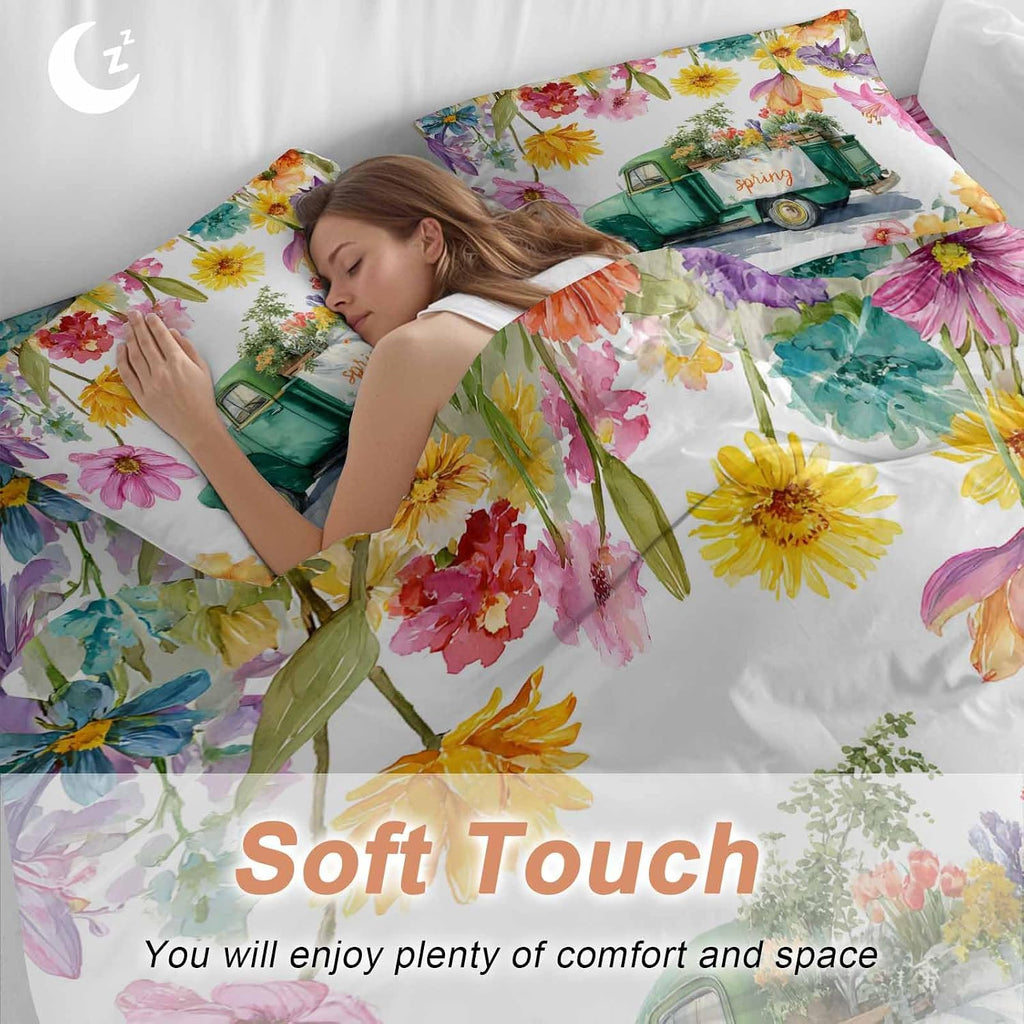 Spring Floral Duvet Cover Set Queen Size 4 Pieces Oil Painting Flower Watercolor Farm Light Blue Truck Bedding Set with Zipper Closure, 1 Comforter Cover 86x86 Inches 1 Flat Sheet & 2 Pillow Cases