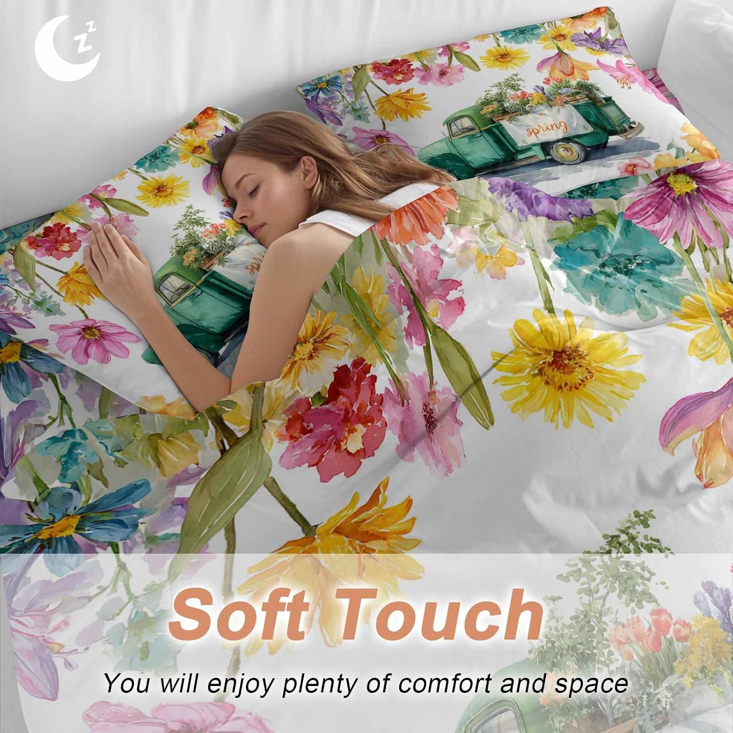 Spring Floral Duvet Cover Set Queen Size 4 Pieces Oil Painting Flower Watercolor Farm Light Blue Truck Bedding Set with Zipper Closure, 1 Comforter Cover 86x86 Inches 1 Flat Sheet & 2 Pillow Cases