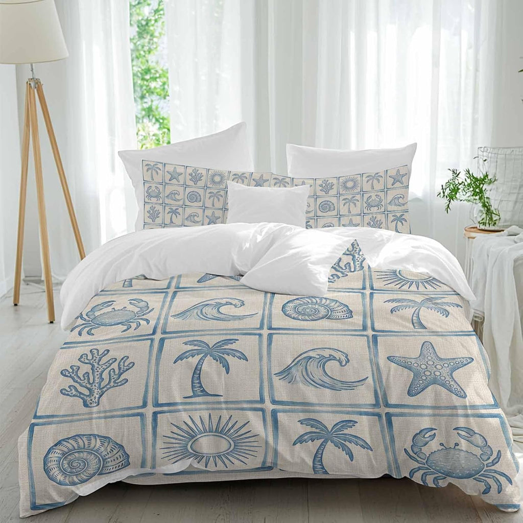 Prime Leader Summer Coastal Duvet Cover Set Queen Size 4 Pieces Retro Ocean Waves Shell Crab Coconut Tree Bedding Set with Zipper Closure, 1 Comforter Cover 90x92 Inches 1 Flat Sheet & 2 Pillow Cases
