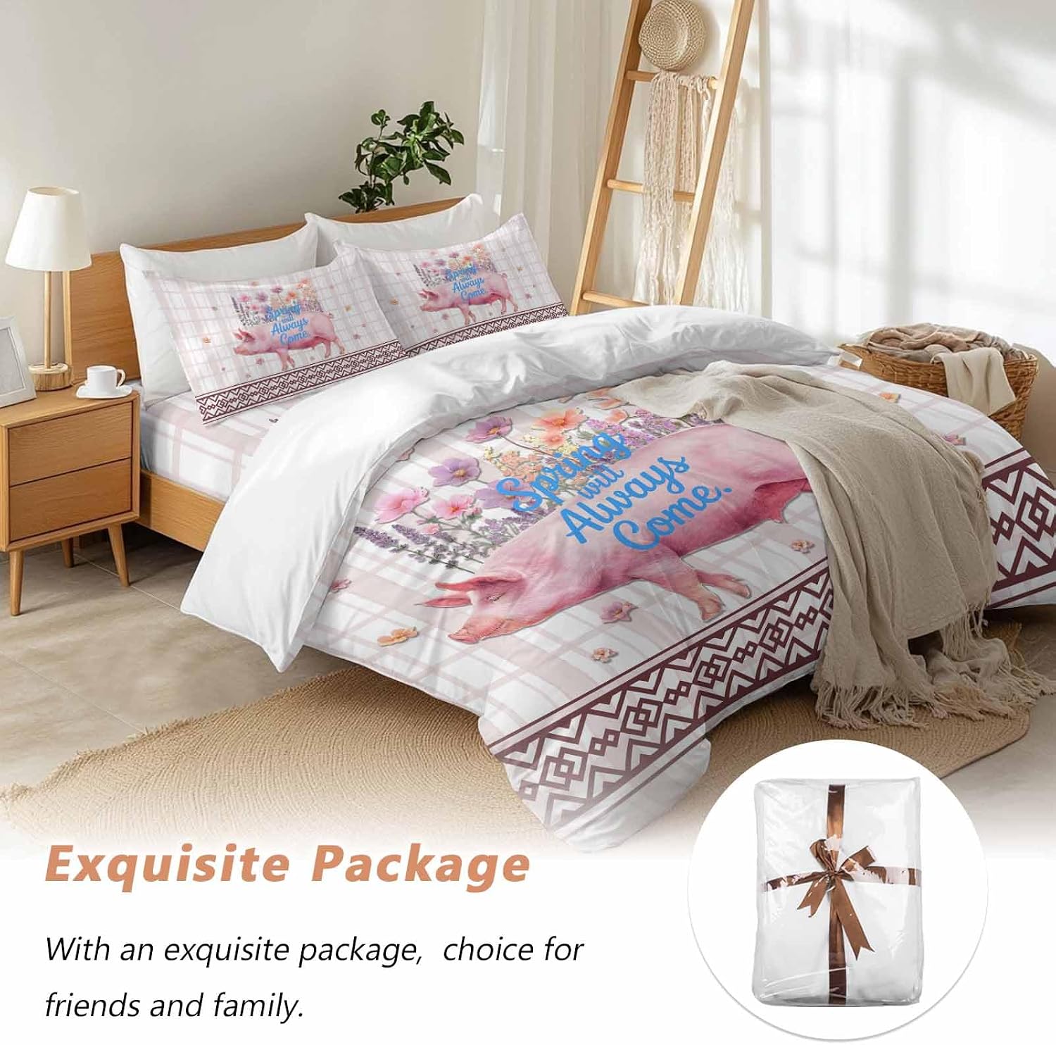 Spring Will Always Come Duvet Cover Set Queen Size 4 Pieces Funny Pig Rustic Wildflower Pink Stripes Bedding Set with Zipper Closure, 1 Comforter Cover 92x106 Inches 1 Flat Sheet & 2 Pillow Cases