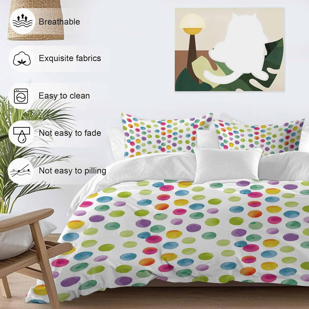 Colorful Wavepoints Duvet Cover Set Queen Size 4 Pieces Modern Abstract Watercolor Yellow Pink Green Points Bedding Set with Zipper Closure,1 Comforter Cover 90x92 Inches 1 Flat Sheet & 2 Pillow Cases