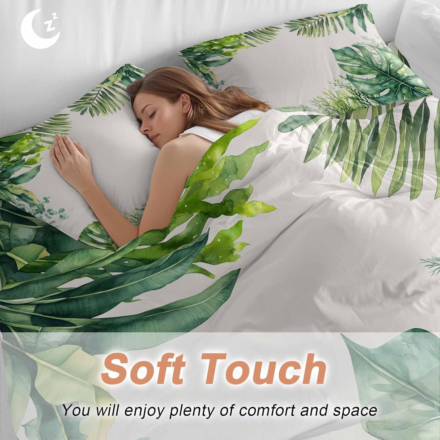 Tropical Leaf Duvet Cover Set Queen Size 4 Pieces Palms Monstera Leaves Green Plant Botanical Bedding Set with Zipper Closure, 1 Comforter Cover 90x92 Inches 1 Flat Sheet & 2 Pillow Cases