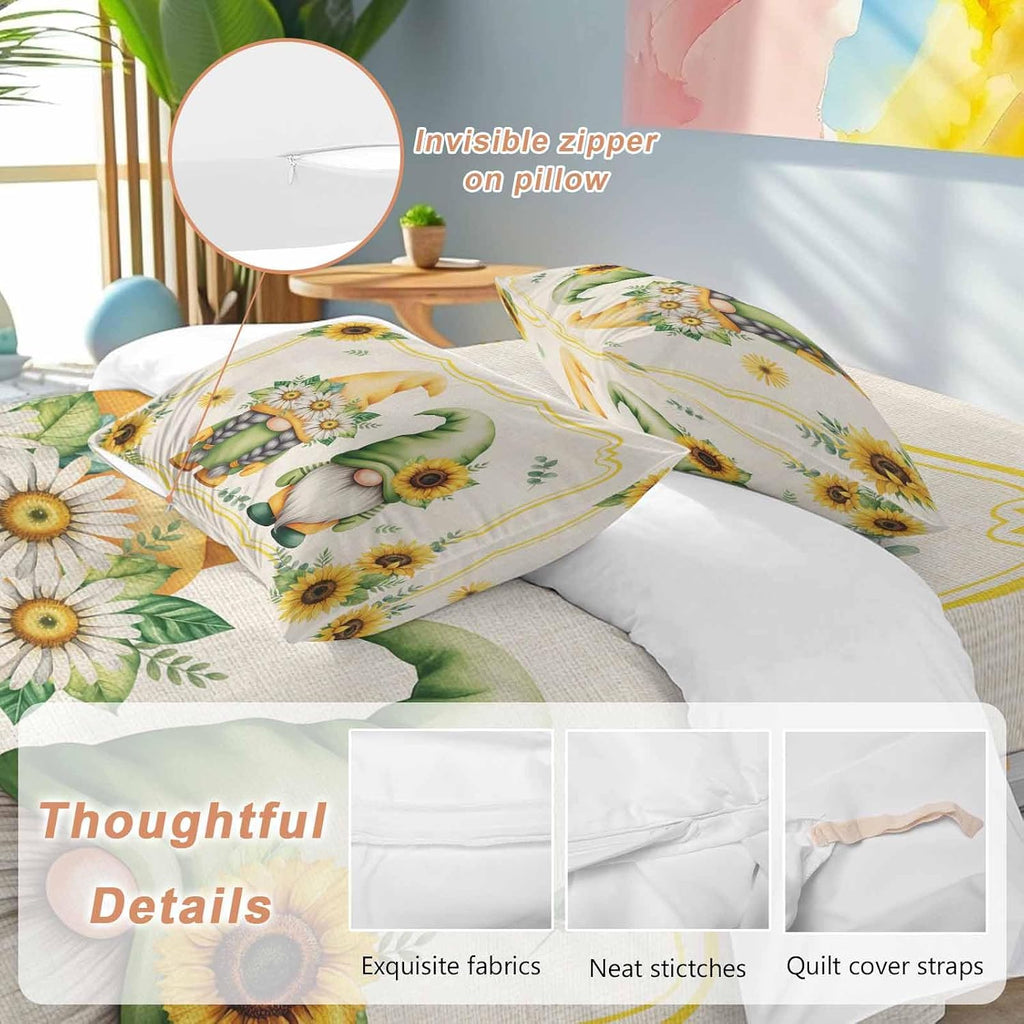 Prime Leader Summer Dwarfs Duvet Cover Set Queen Size 4 Pieces Yellow Sunflower Daisy Field Plant Vintage Bedding Set with Zipper Closure, 1 Comforter Cover 90x92 Inches 1 Flat Sheet & 2 Pillow Cases
