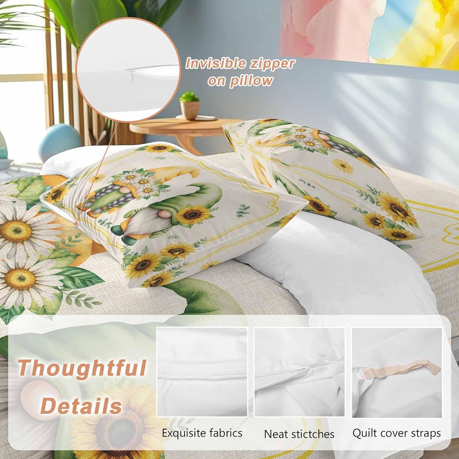 Prime Leader Summer Dwarfs Duvet Cover Set Queen Size 4 Pieces Yellow Sunflower Daisy Field Plant Vintage Bedding Set with Zipper Closure, 1 Comforter Cover 90x92 Inches 1 Flat Sheet & 2 Pillow Cases