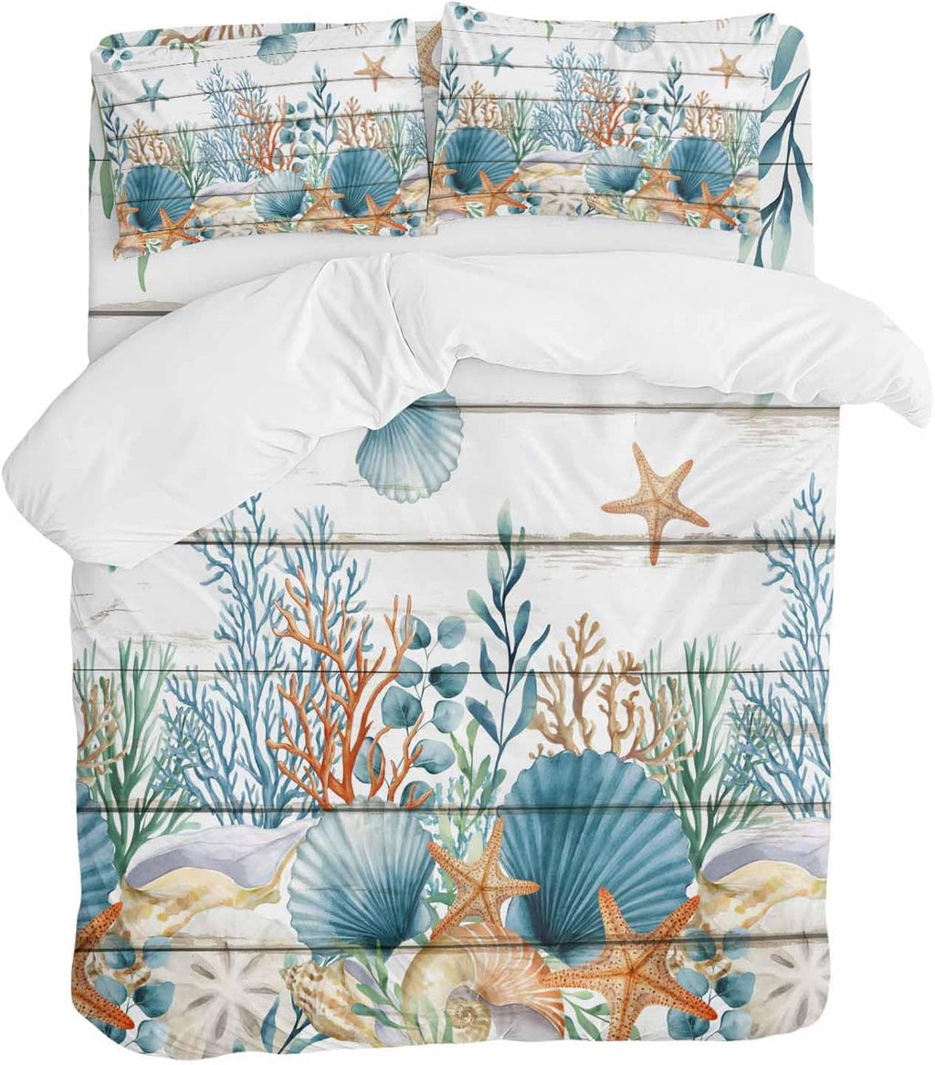 Marine Life Duvet Cover Set Queen Size 4 Pieces Vintage Shell Starfish Coral Eucalyptus Leaves Wood Grain Bedding Set with Zipper Closure, 1 Comforter Cover 86x86 Inches 1 Flat Sheet & 2 Pillow Cases