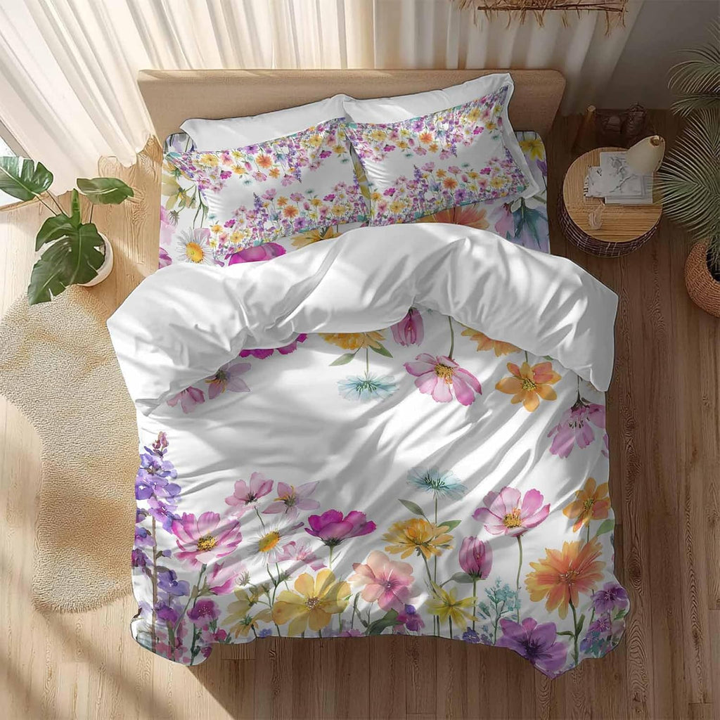Spring Floral Duvet Cover Set Queen Size 4 Pieces Romantic Colorful Flowers Watercolor Country Leaf Bedding Set with Zipper Closure, 1 Comforter Cover 86x86 Inches 1 Flat Sheet & 2 Pillow Cases