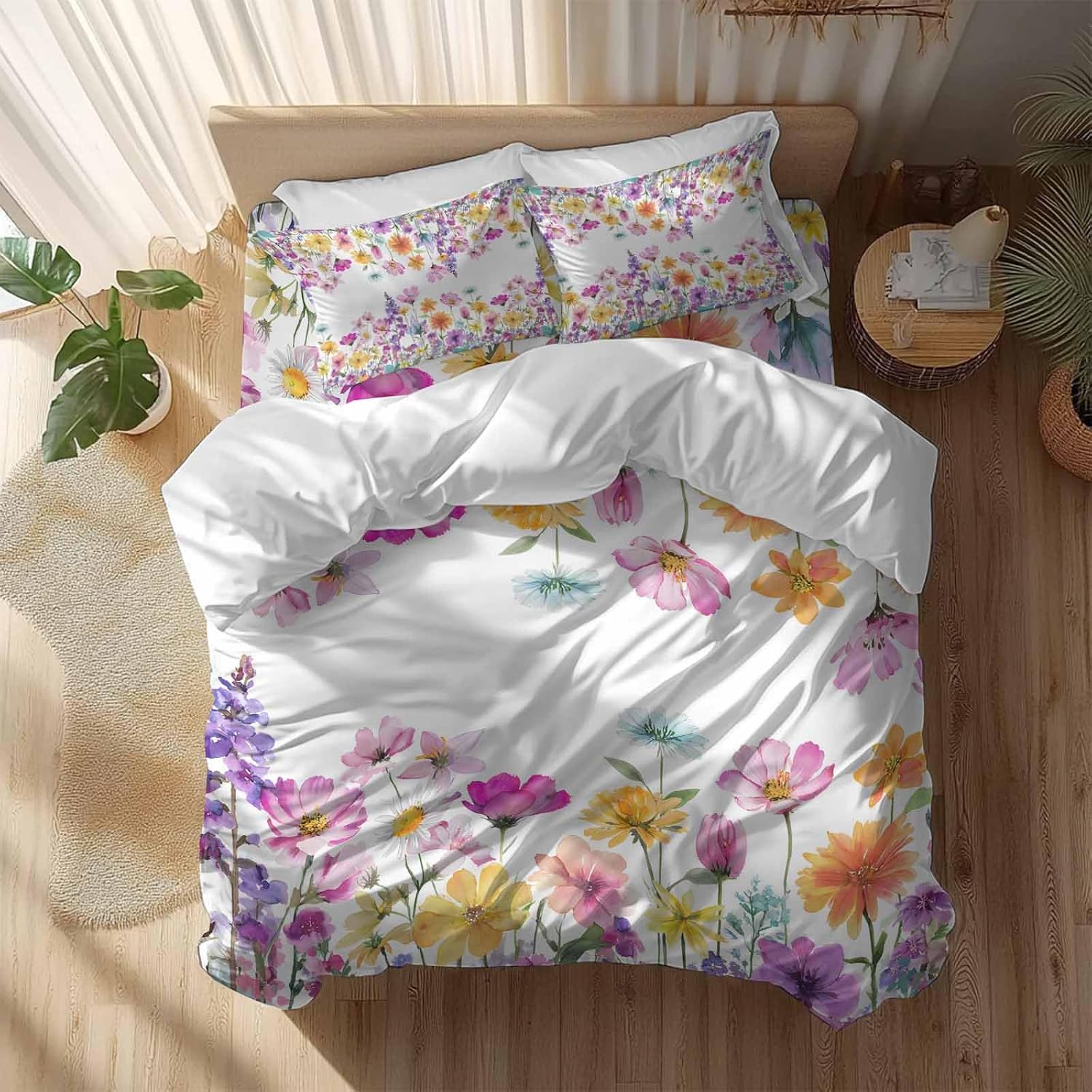 Spring Floral Duvet Cover Set Queen Size 4 Pieces Romantic Colorful Flowers Watercolor Country Leaf Bedding Set with Zipper Closure, 1 Comforter Cover 86x86 Inches 1 Flat Sheet & 2 Pillow Cases