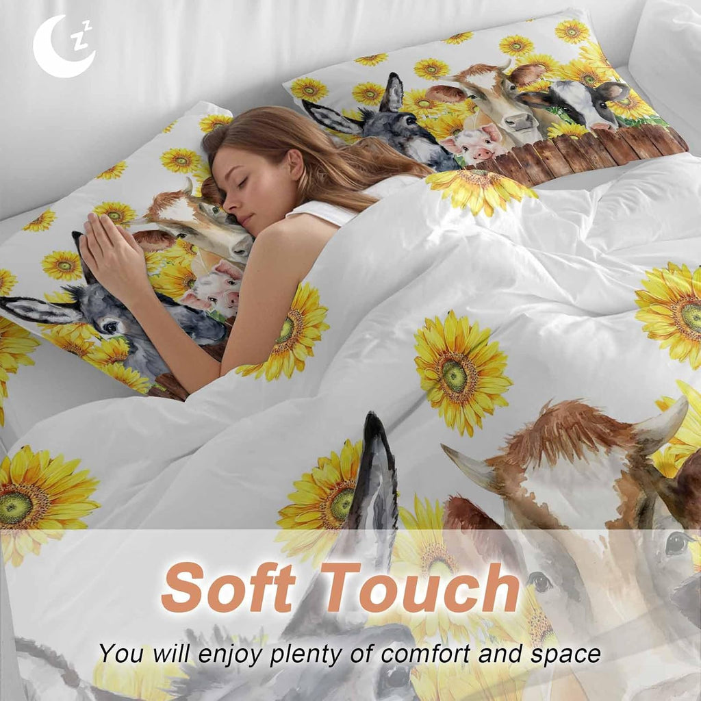 Farm Animal Duvet Cover Set Queen Size 4 Pieces Vintage Farmhouse Donkey Pig Cow Sunflower Leaf Wood Fence Bedding Set with Zipper Closure, 1 Comforter Cover 86x86 Inches 1 Flat Sheet & 2 Pillow Cases