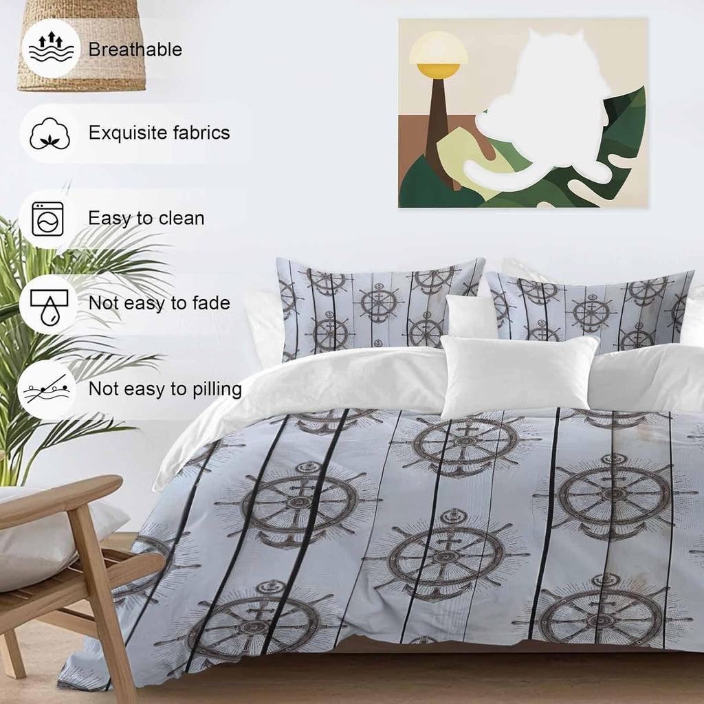 Summer Coastal Duvet Cover Set Queen Size 4 Pieces Nautical Brown Anchor Rudder Ocean Gray Wood Grain Bedding Set with Zipper Closure, 1 Comforter Cover 86x86 Inches 1 Flat Sheet & 2 Pillow Cases