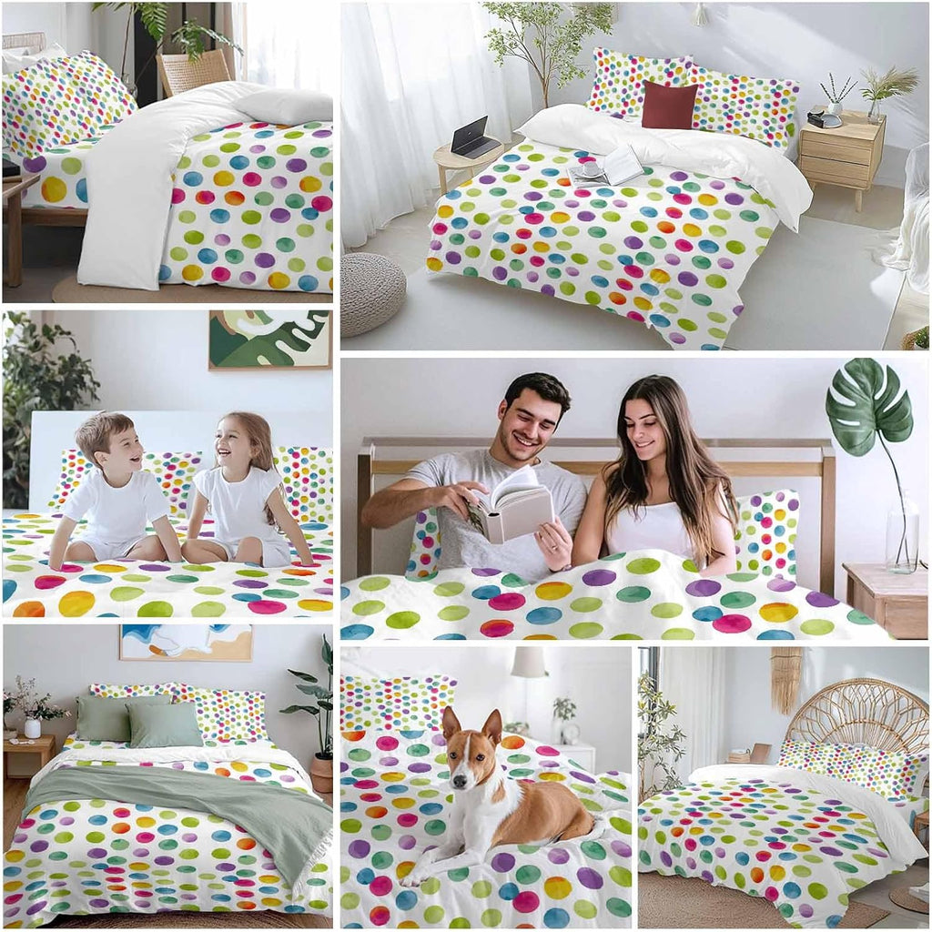 Colorful Wavepoints Duvet Cover Set Queen Size 4 Pieces Modern Abstract Watercolor Yellow Pink Green Points Bedding Set with Zipper Closure,1 Comforter Cover 90x92 Inches 1 Flat Sheet & 2 Pillow Cases