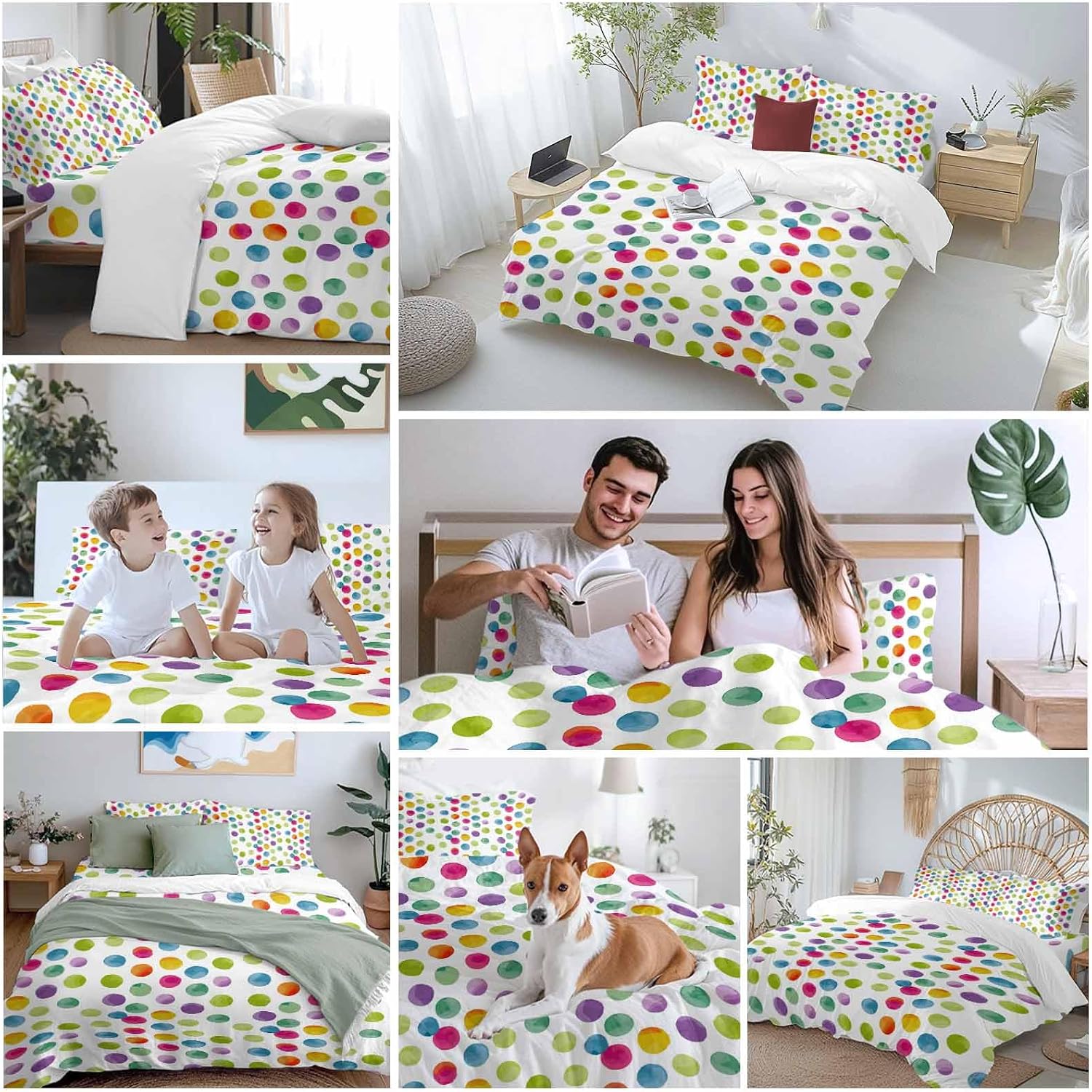 Colorful Wavepoints Duvet Cover Set Queen Size 4 Pieces Modern Abstract Watercolor Yellow Pink Green Points Bedding Set with Zipper Closure,1 Comforter Cover 90x92 Inches 1 Flat Sheet & 2 Pillow Cases