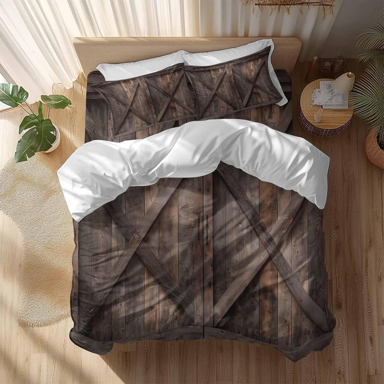 Farmhouse Duvet Cover Set Queen Size 4 Pieces Brown Country Style Barn Door Distressed Wood Grain Bedding Set with Zipper Closure, 1 Comforter Cover 90x92 Inches 1 Flat Sheet & 2 Pillow Cases