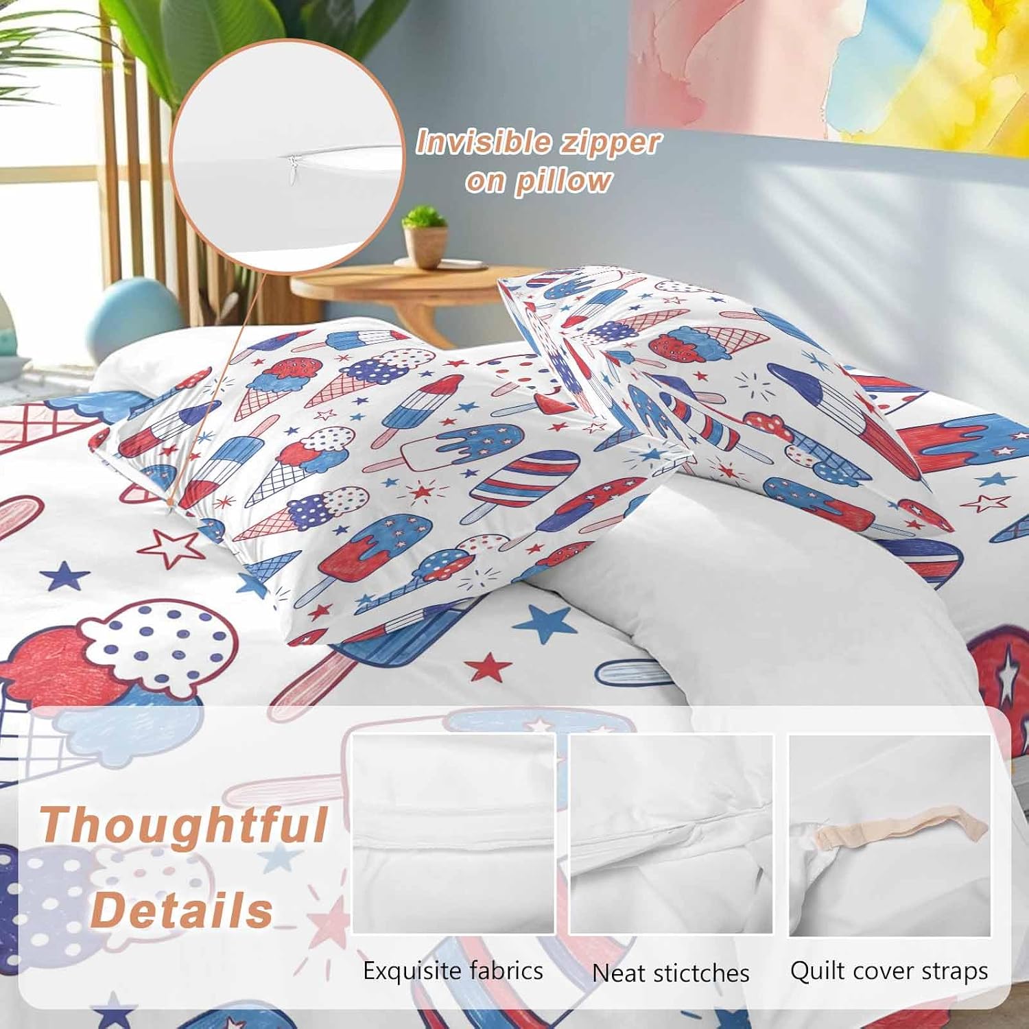Prime Leader Red Blue Ice Cream Duvet Cover Set Queen Size 4 Pieces Independence Day Retro Ice Cream Bedding Set with Zipper Closure, 1 Comforter Cover 86x86 Inches 1 Flat Sheet & 2 Pillow Cases