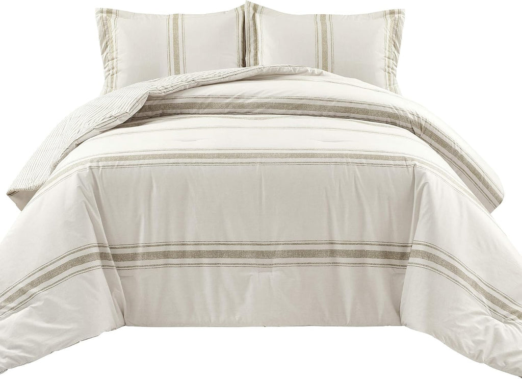 Lush Decor Farmhouse Stripe Reversible Cotton Comforter Set, 3 Piece Set, Full/ Queen, Neutral - Cozy Farmhouse Bedding Set - Rustic Decor - Striped Comforter - Modern Farmhouse Bedroom Decor