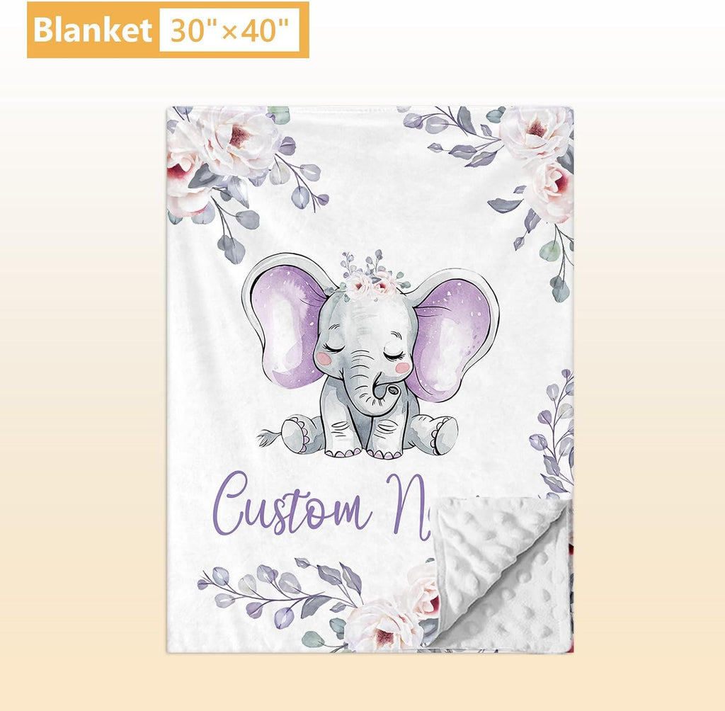 Terwex Personalized Baby Crib Bedding Set, 5 Pcs Custom Name Nursery Bedding Set, Purple Elephants Baby Bedding Set for Girls Boys, Double Layer Baby Crib Sets, Customized Gifts for Toddlers Infants