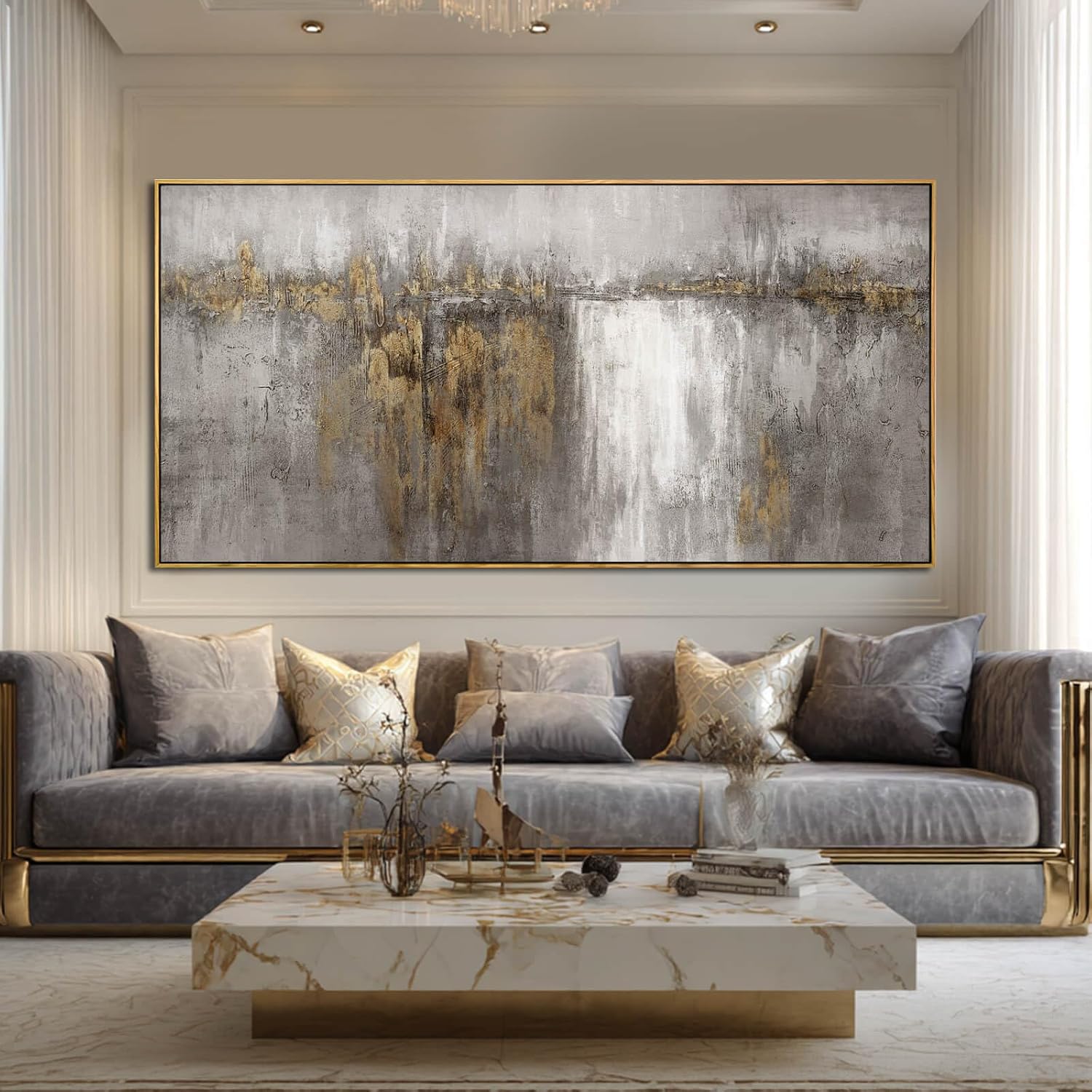Neutral Canvas Arts Gold Wall Art Decor Framed Abstract Pictures Grey Prints Artwork for Living Room Bedroom Dining Room Home Office Decor 29'x58'