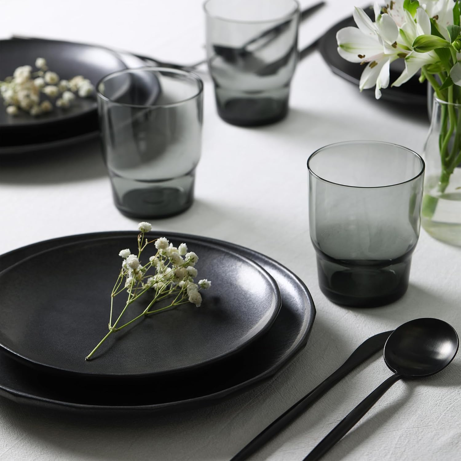 Stone Lain Rio Stoneware 32 Piece Dinnerware Set, Plates and Bowls Sets, Black Dish Set for 8 with Fluted Colored Glass Cups, Microwave & Dishwasher Safe