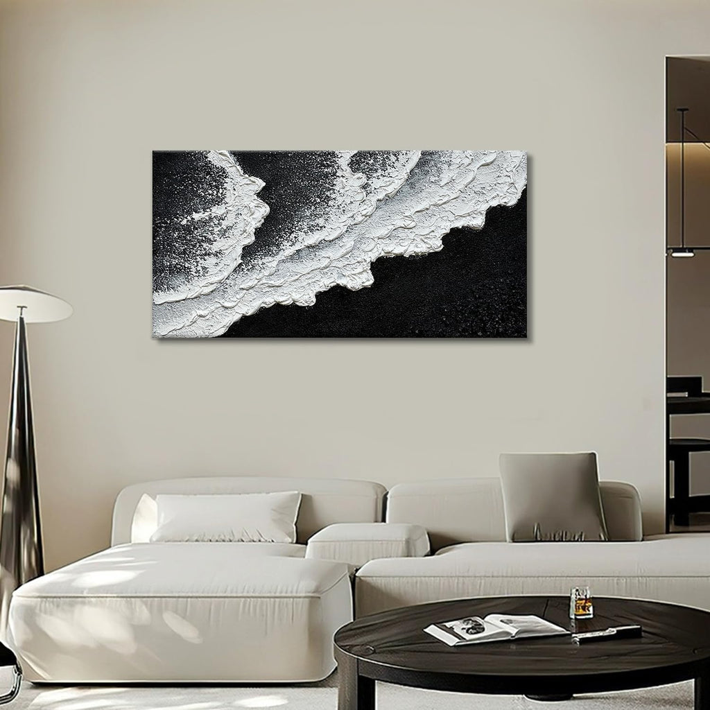 Black and White Beach Wave Textured Wall Art 3D Oil Painting Hand Painted Abstract Canvas Framed 48x24 Inch Acrylic Painting