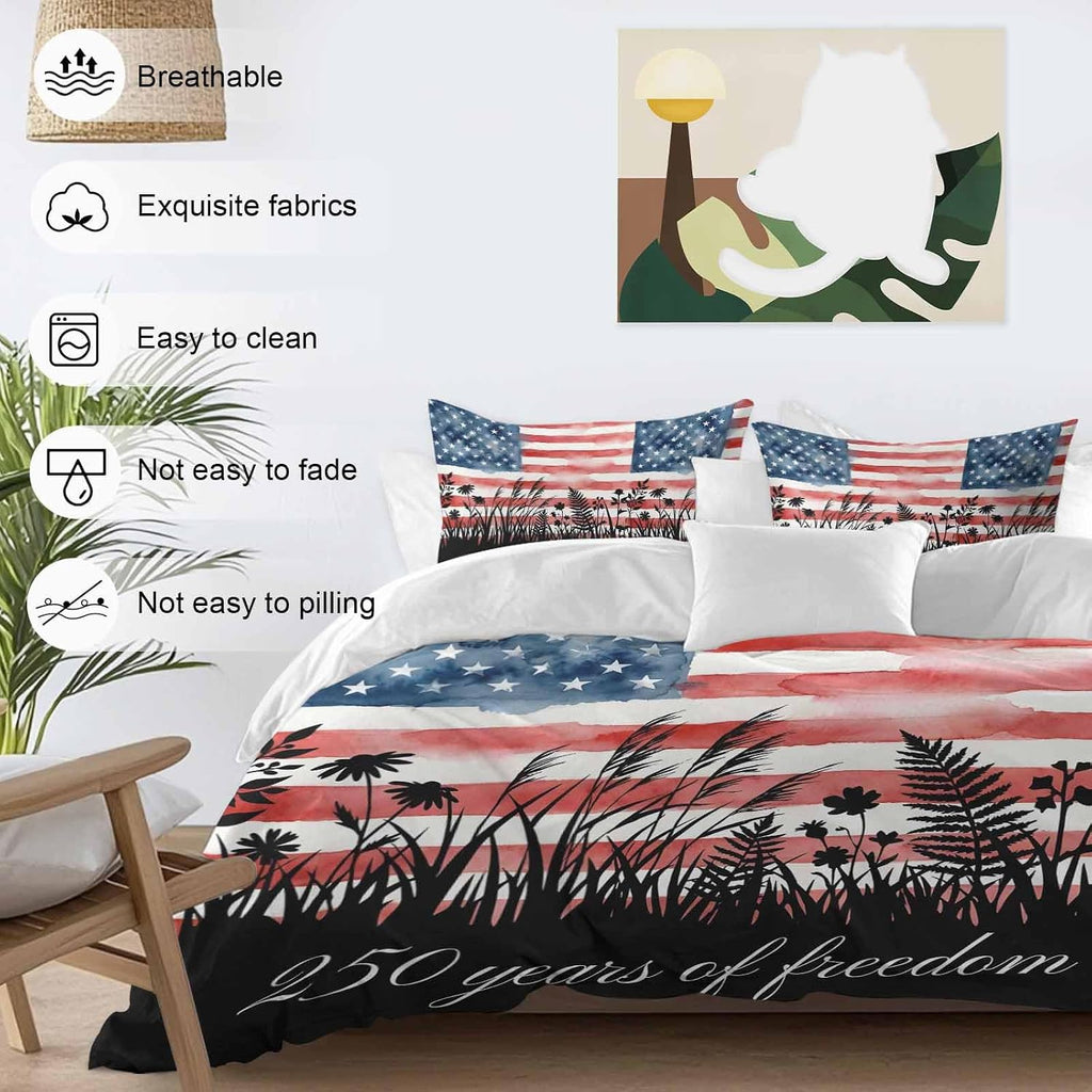 Prime Leader 250 Years of Freedom Duvet Cover Set Queen Size 4 Pieces Watercolor America Flag Plant Fower Bedding Set with Zipper Closure, 1 Comforter Cover 86x86 Inches 1 Flat Sheet & 2 Pillow Cases