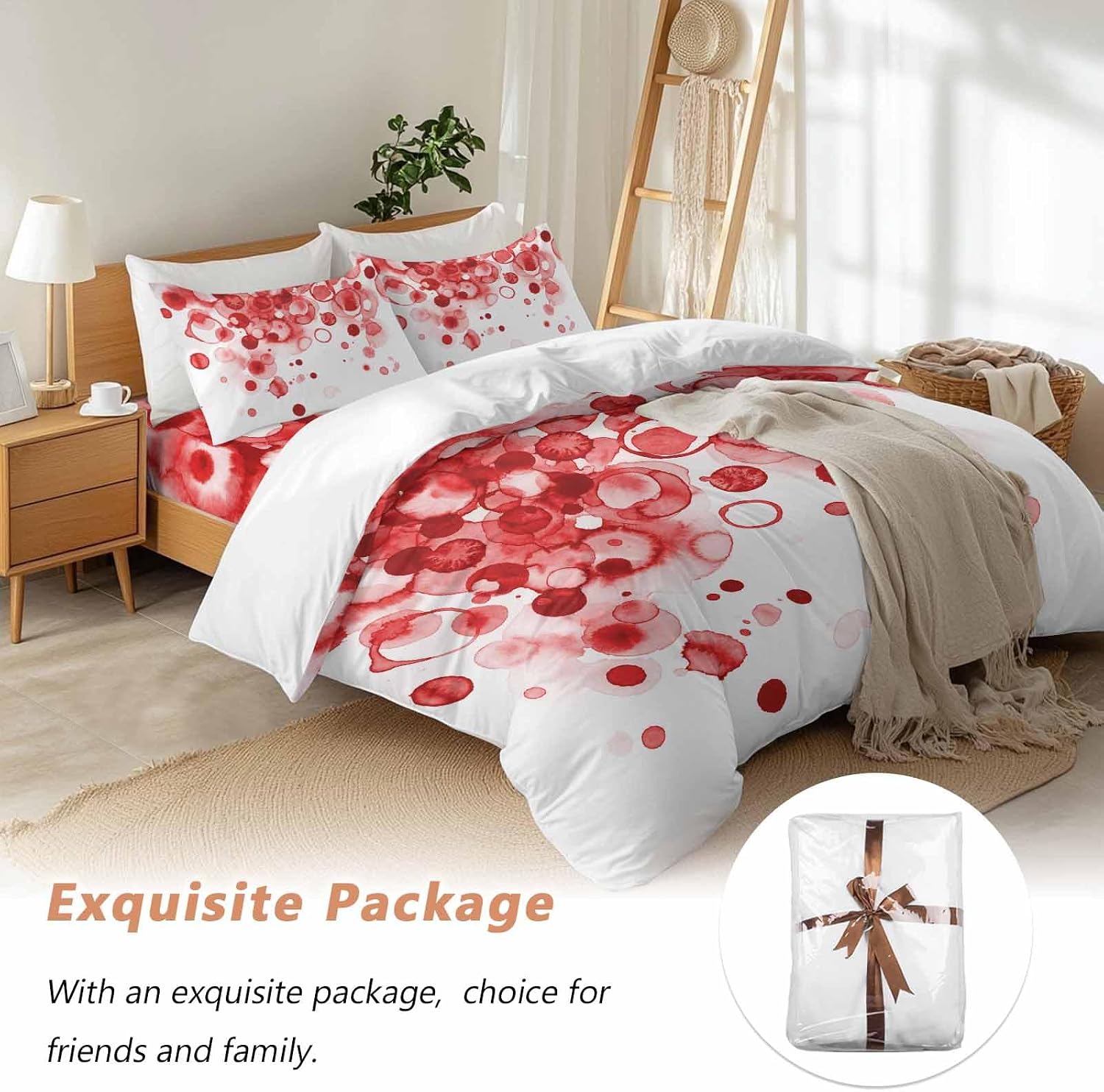 Abstract Duvet Cover Set Queen Size 4 Pieces Red Gradient Watercolors Ink Points Minimalist Style Bedding Set with Zipper Closure, 1 Comforter Cover 86x86 Inches 1 Flat Sheet & 2 Pillow Cases