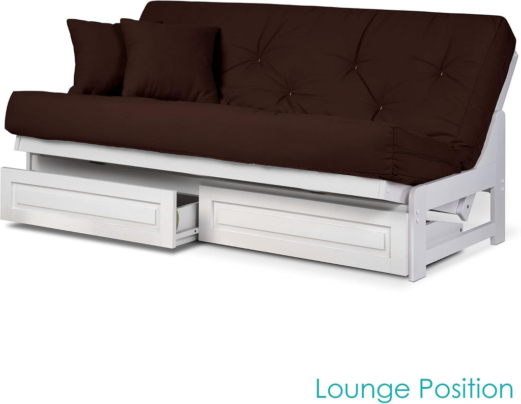 Nirvana Futons Arden White Futon with Storage Drawers Queen Size - Minimalist Armless Design with 8 Inch Comfortable Mattress Included (Microfiber Sussex Fudge), Sofa Bed Available in