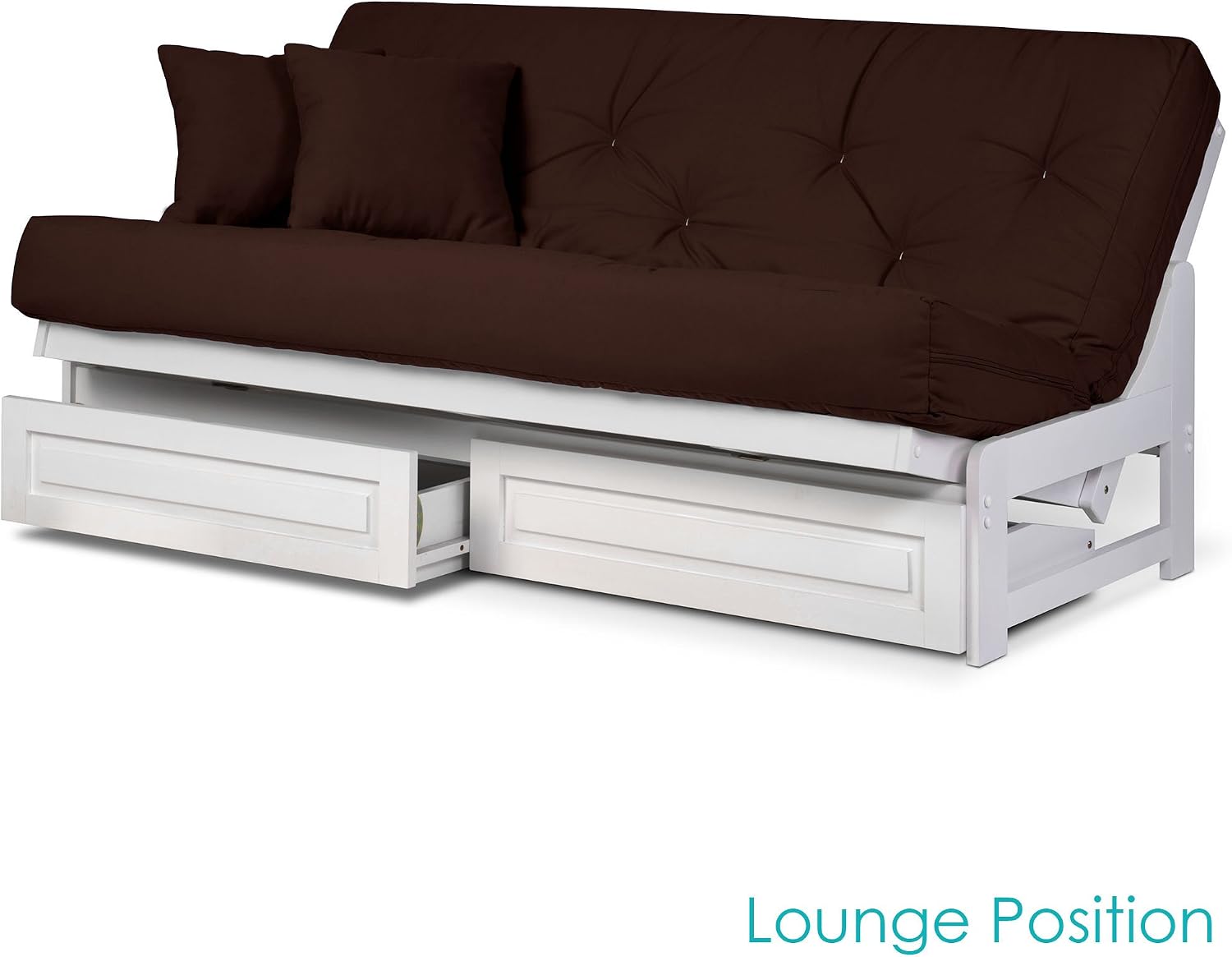 Nirvana Futons Arden White Futon with Storage Drawers Queen Size - Minimalist Armless Design with 8 Inch Comfortable Mattress Included (Microfiber Sussex Fudge), Sofa Bed Available in