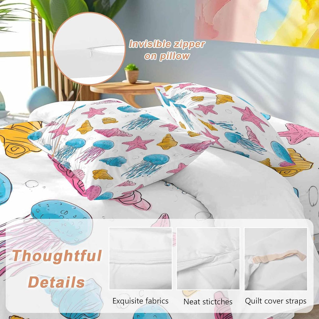 Marine Life Duvet Cover Set Queen Size 4 Pieces Nautical Ocean Pink Blue Yellow Jellyfish Starfish Shell Bedding Set with Zipper Closure, 1 Comforter Cover 86x86 Inches 1 Flat Sheet & 2 Pillow Cases