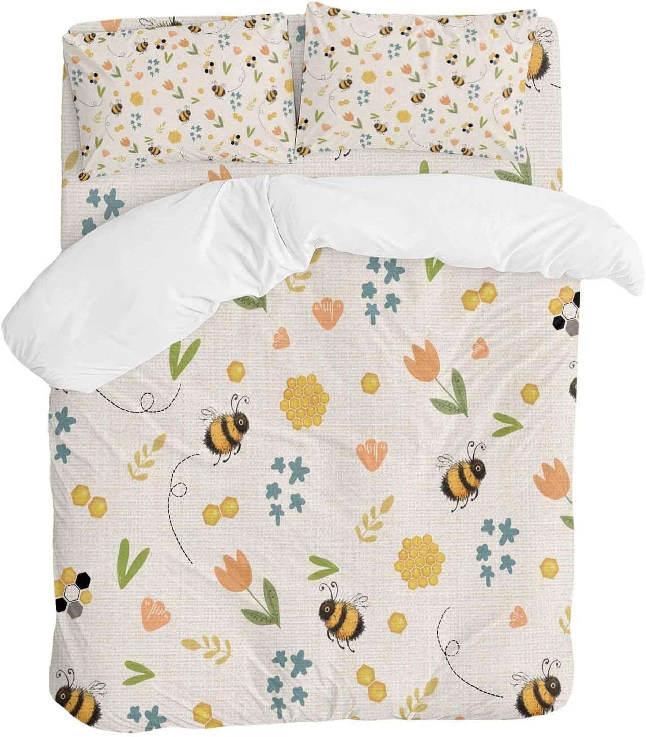 Spring Duvet Cover Set Queen Size 4 Pieces Cartoon Flower Farm Plants Watercolor Bee Yellow Honey Retro Bedding Set with Zipper Closure, 1 Comforter Cover 90x92 Inches 1 Flat Sheet & 2 Pillow Cases