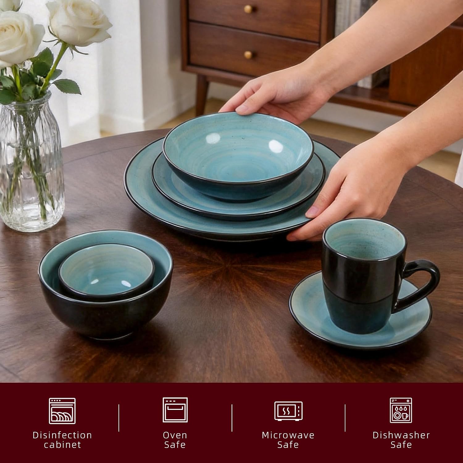 Stoneware Sonoma 56pc Dinnerware Set, Black + Speckled Spin Wash Turquoise