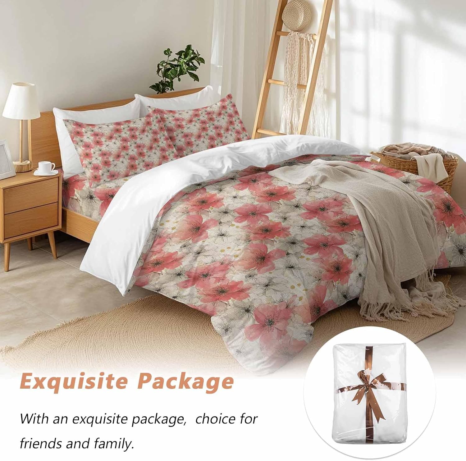 Spring Florals Duvet Cover Set Queen Size 4 Pieces Red White Floral Vintage Water Ink Painting Bedding Set with Zipper Closure, 1 Comforter Cover 90x92 Inches 1 Flat Sheet & 2 Pillow Cases