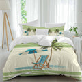 Summer Duvet Cover Set Queen Size 4 Pieces Beach Scene Sun Umbrella Palm Trees Green Yellow Stripe Bedding Set with Zipper Closure, 1 Comforter Cover 86x86 Inches 1 Flat Sheet & 2 Pillow Cases