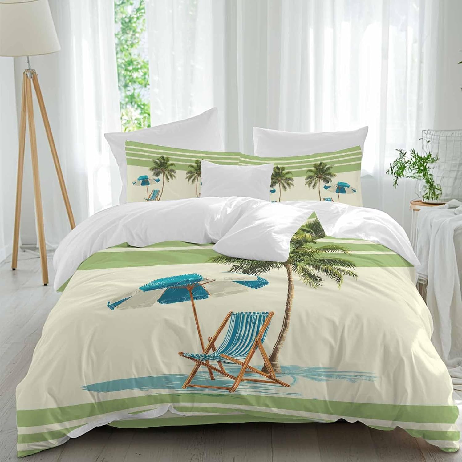 Summer Duvet Cover Set Queen Size 4 Pieces Beach Scene Sun Umbrella Palm Trees Green Yellow Stripe Bedding Set with Zipper Closure, 1 Comforter Cover 90x92 Inches 1 Flat Sheet & 2 Pillow Cases