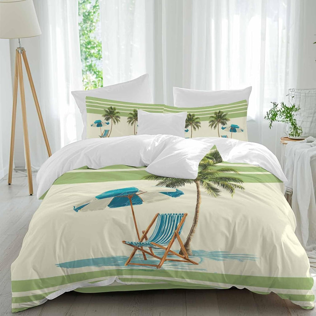 Summer Duvet Cover Set Queen Size 4 Pieces Beach Scene Sun Umbrella Palm Trees Green Yellow Stripe Bedding Set with Zipper Closure, 1 Comforter Cover 92x106 Inches 1 Flat Sheet & 2 Pillow Cases