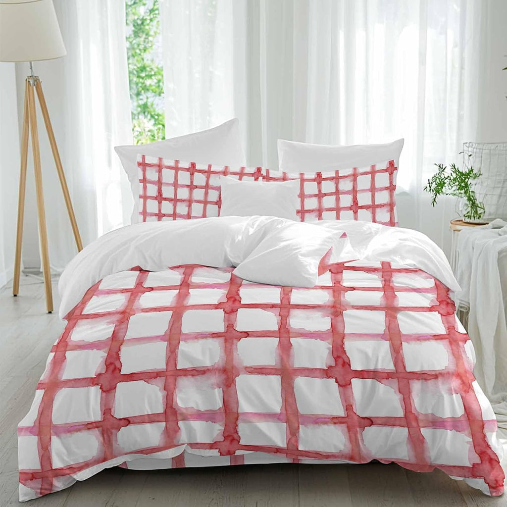 Retro Red Checkered Duvet Cover Set Queen Size 4 Pieces Watercolor Lines Geometric Minimalist Bedding Set with Zipper Closure, 1 Comforter Cover 86x86 Inches 1 Flat Sheet & 2 Pillow Cases