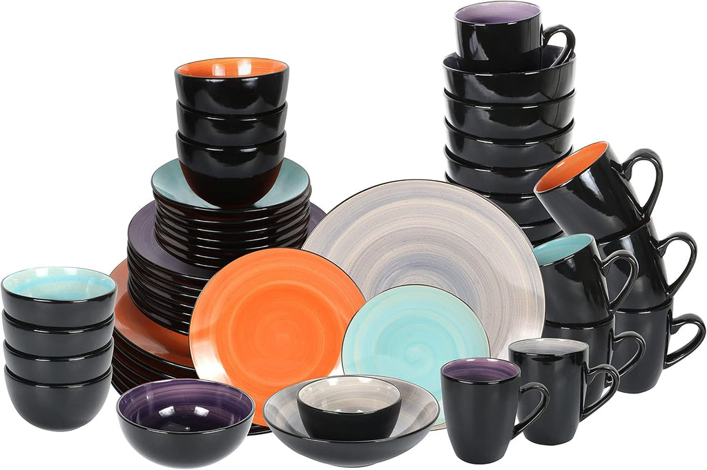 Stoneware Sonoma 56pc Dinnerware Set, Black + Speckled Spin Wash Mixed Colors of Purple, Turquoise, Orange and Grey
