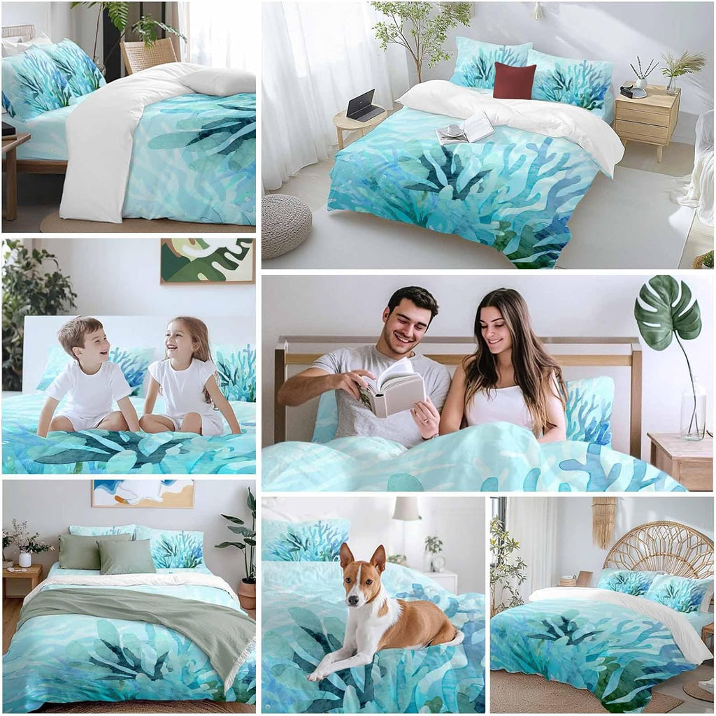 Prime Leader Blue Gradient Coral Duvet Cover Set Queen Size 4 Pieces Ocean Coastal Sea Watercolor Coral Bedding Set with Zipper Closure, 1 Comforter Cover 86x86 Inches 1 Flat Sheet & 2 Pillow Cases