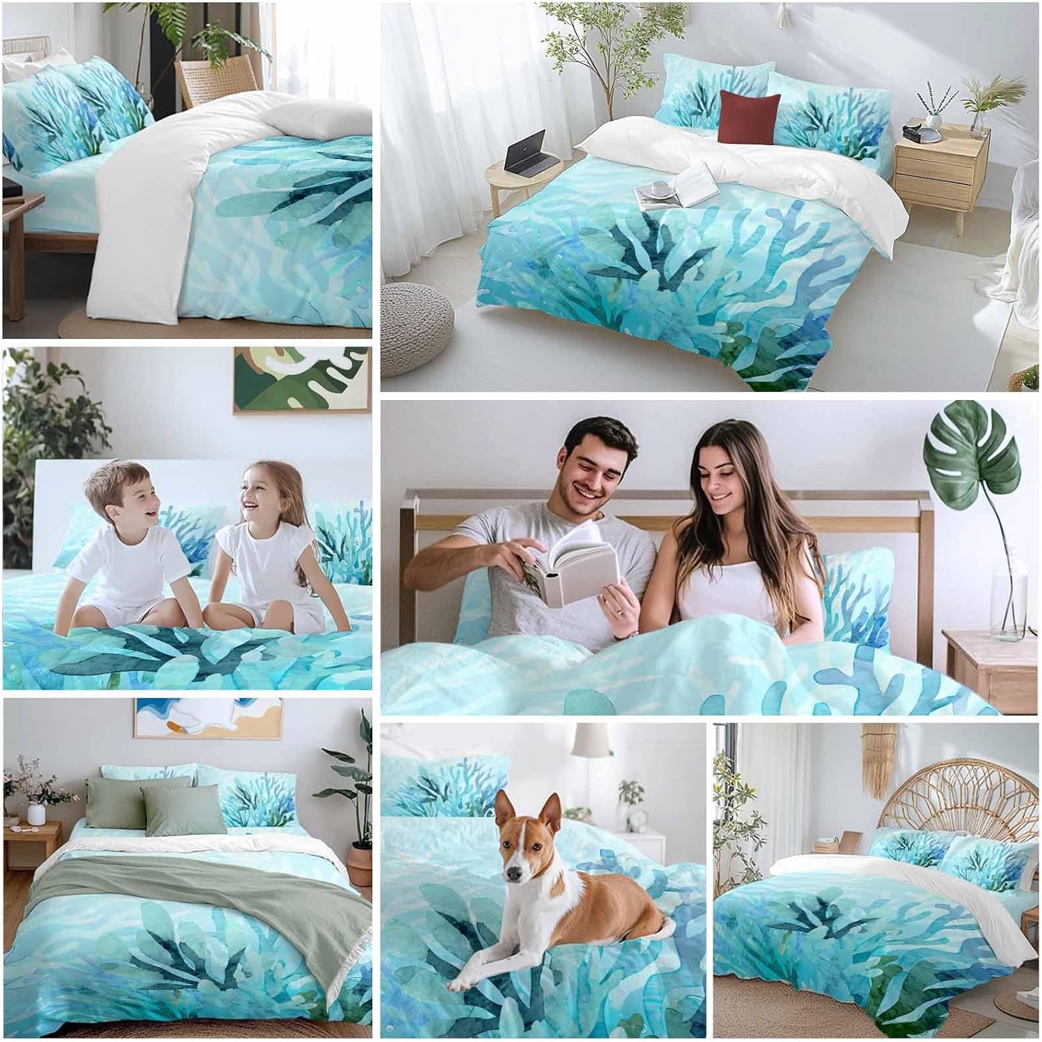 Prime Leader Blue Gradient Coral Duvet Cover Set Queen Size 4 Pieces Ocean Coastal Sea Watercolor Coral Bedding Set with Zipper Closure, 1 Comforter Cover 86x86 Inches 1 Flat Sheet & 2 Pillow Cases