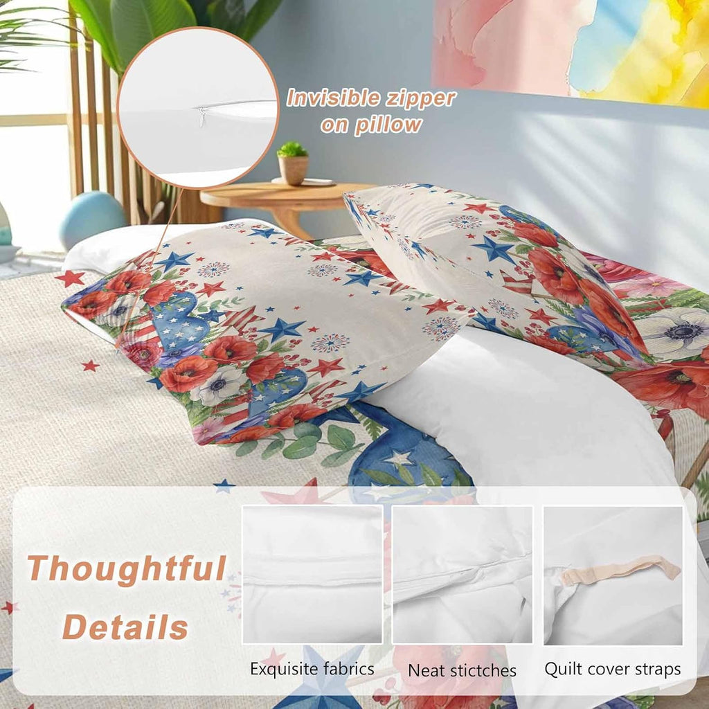 Independence Day Duvet Cover Set Queen Size 4 Pieces Blue Red White Floral Flower Love Heart Retro Bedding Set with Zipper Closure, 1 Comforter Cover 90x92 Inches 1 Flat Sheet & 2 Pillow Cases