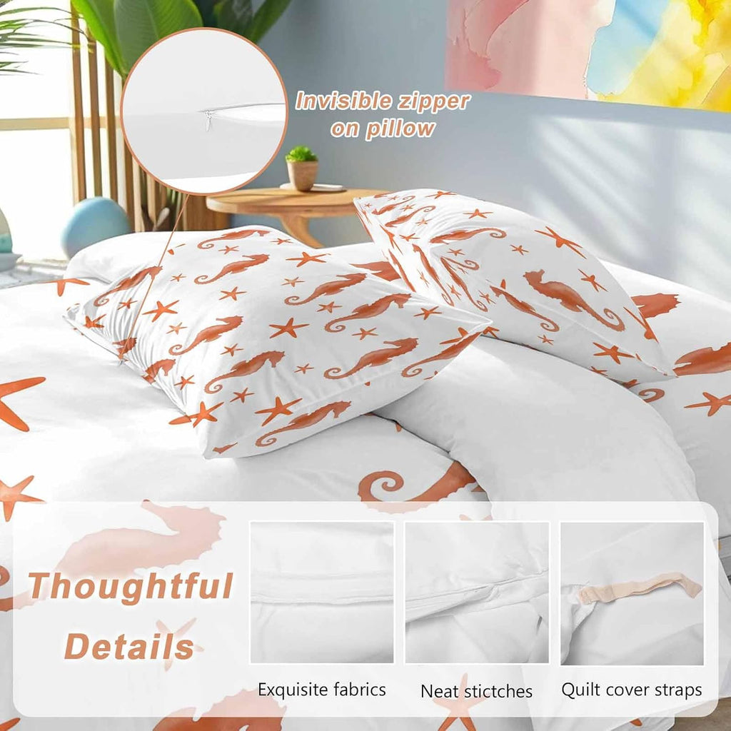 Orange Marine Life Duvet Cover Set Queen Size 4 Pieces Summer Seahorse and Starfish Ocean Theme Bedding Set with Zipper Closure, 1 Comforter Cover 86x86 Inches 1 Flat Sheet & 2 Pillow Cases