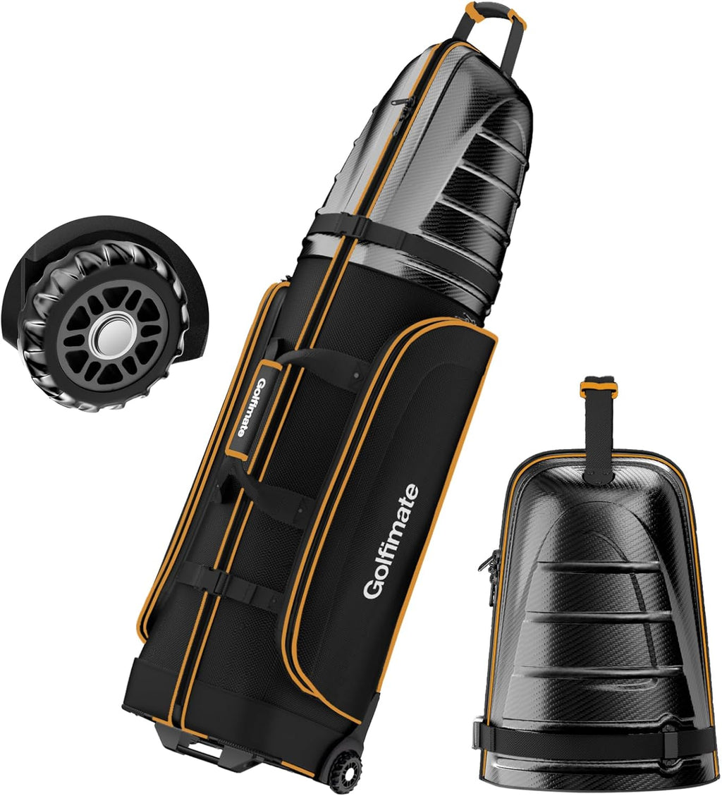 Golf Travel Bags for Airlines with Carbon Fiber Hard Top, Protective Club Traveling Cover with Wheel, Golf Club Carrier Case for Airplanes, Thick Padding, Durable Zippers and 2 Sided Spacious Pockets