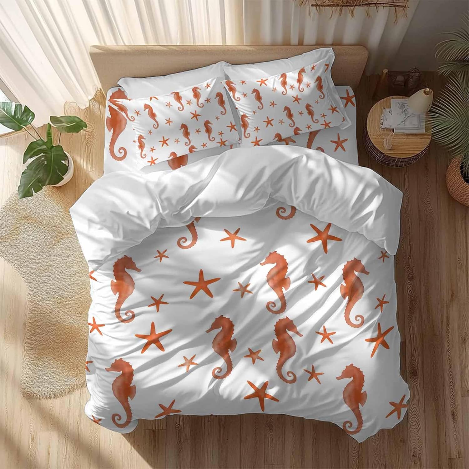 Orange Marine Life Duvet Cover Set Queen Size 4 Pieces Summer Seahorse and Starfish Ocean Theme Bedding Set with Zipper Closure, 1 Comforter Cover 86x86 Inches 1 Flat Sheet & 2 Pillow Cases