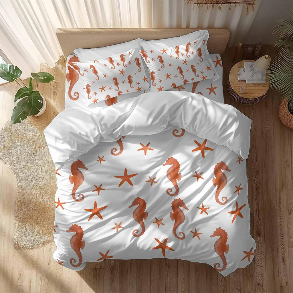 Orange Marine Life Duvet Cover Set Queen Size 4 Pieces Summer Seahorse and Starfish Ocean Theme Bedding Set with Zipper Closure, 1 Comforter Cover 92x106 Inches 1 Flat Sheet & 2 Pillow Cases