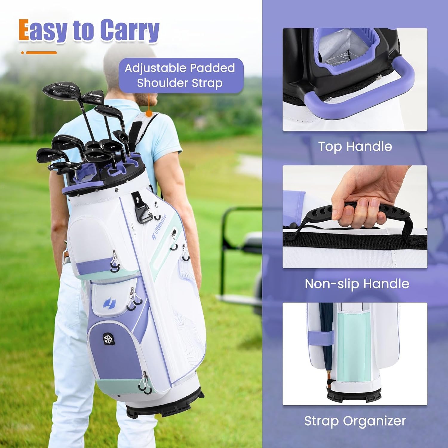 ULTIMATE 14-Way Golf Cart Bag, Golf Bag w/Molded Lock Top & Full Length Dividers, Portable Golf Club Bag w/11 Pockets, Cooler Bag, Padded Strap & Rain Hood for Men Women