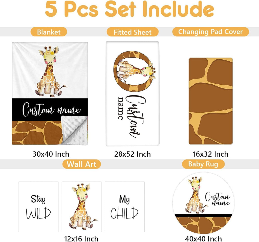 Terwex Personalized Crib Bedding Set, 5 Pcs Custom Name Nursery Bedding Sets, Giraff Infant Bedding Set for Boys Girls, Double Layer Flannel Baby Crib Set, Customized Gifts for Babies Toddlers Kids