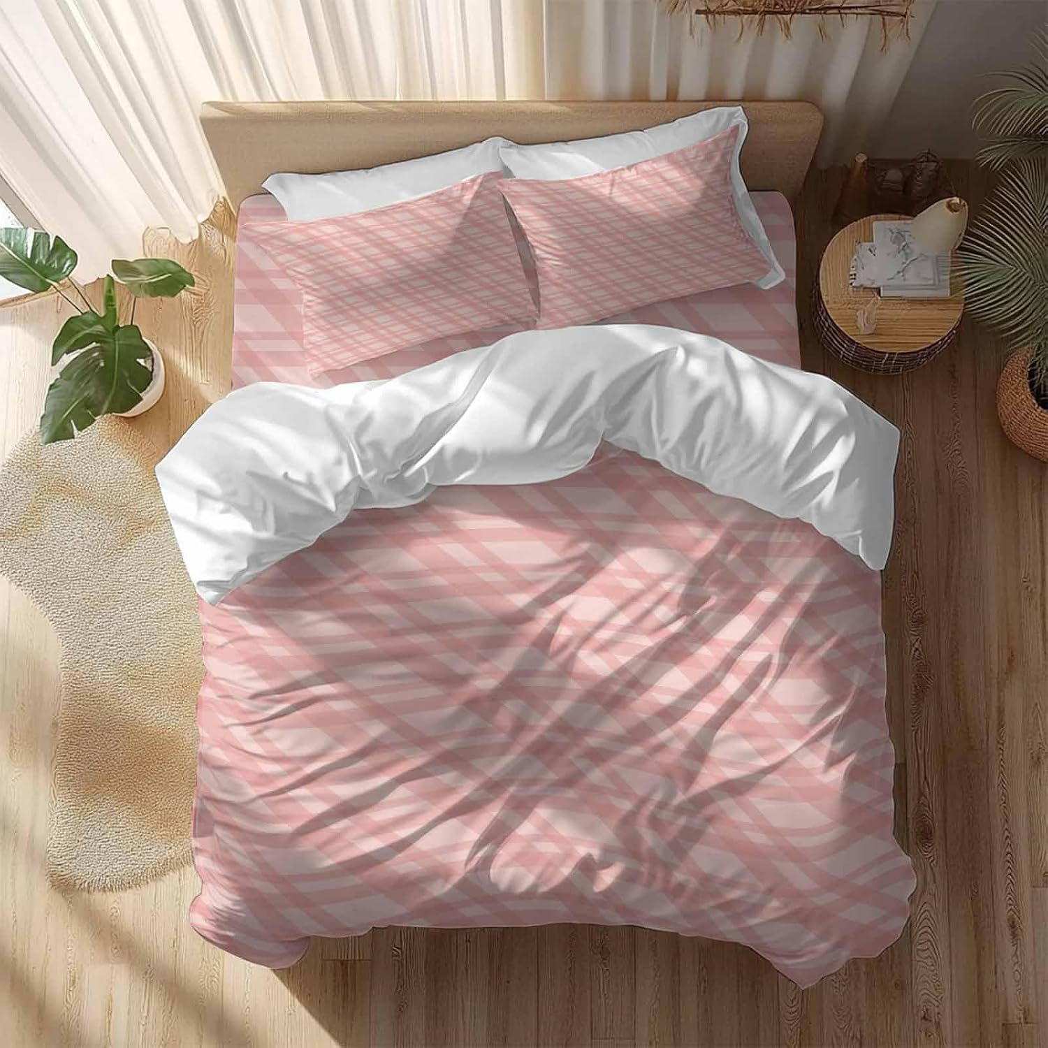 Prime Leader Pink Stripes Duvet Cover Set Queen Size 4 Pieces Modern Simple Light Pink Stripes Bedding Set with Zipper Closure, 1 Comforter Cover 90x92 Inches 1 Flat Sheet & 2 Pillow Cases