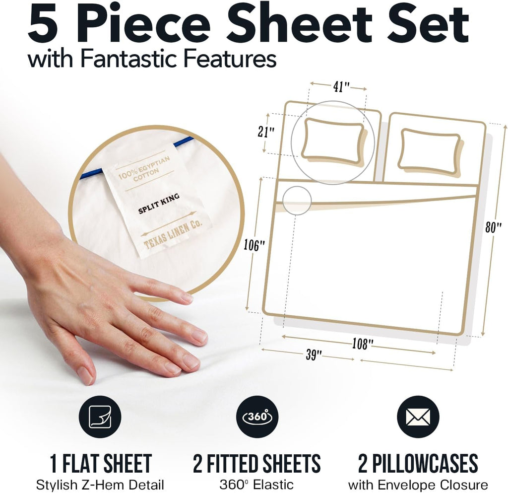 TEXAS LINEN CO. 100% Egyptian Cotton Split King Sheets Sets for Adjustable Bed - Luxury 1500 Series Couture Comfortin' Collection Split Top King Sheets (5 PC, White), 17' Deep Pocket Sheet
