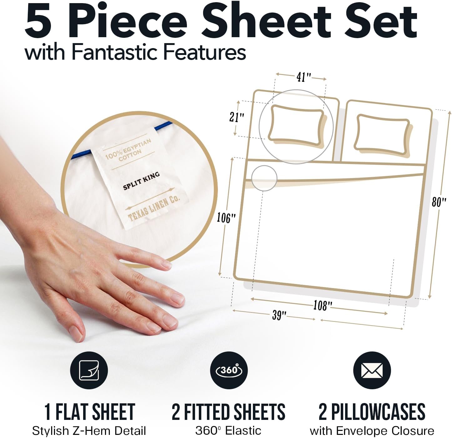 TEXAS LINEN CO. 100% Egyptian Cotton Split King Sheets Sets for Adjustable Bed - Luxury 1500 Series Couture Comfortin' Collection Split Top King Sheets (5 PC, White), 17' Deep Pocket Sheet